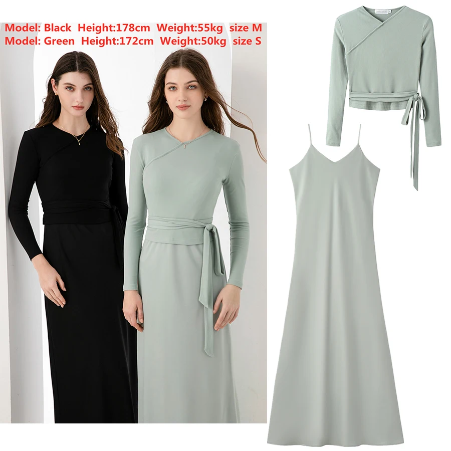 2024 Women's High-Stretch Ribbed Wrap Top and Satin Maxi Dress Set