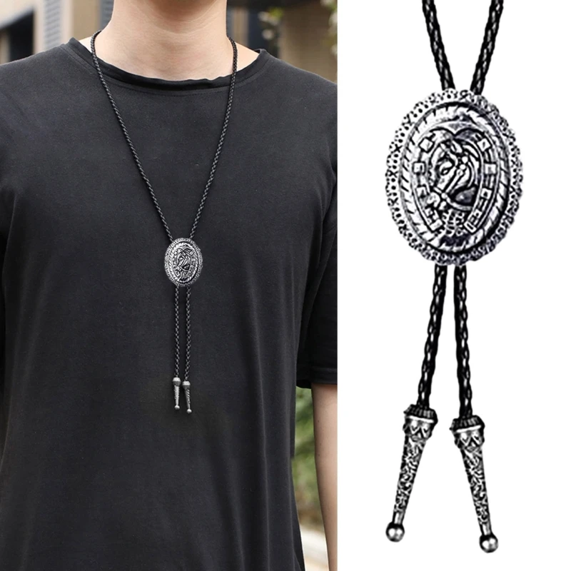 

Western Necklace Carved Horse Head Pendant Necktie for Teen Shirt Sweater Decors