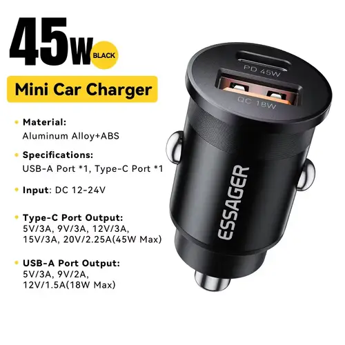 Essager 45W Car Charger Fast Charging Dual Port  PD QC3.0 Type-C Quick Charger for iPhone 16 15 14 Samsung Xiaomi Huawei Oppo - Image 7