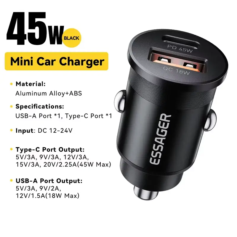 Essager 45W Car Charger Fast Charging Dual Port  PD QC3.0 Type-C Quick Charger for iPhone 16 15 14 Samsung Xiaomi Huawei Oppo - Image 7