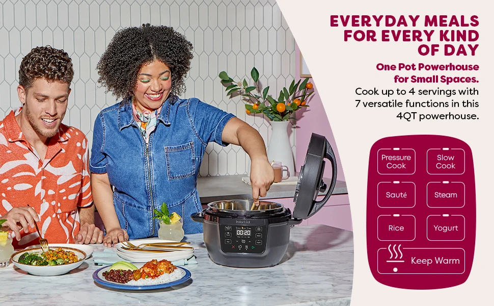 happy couple cooking using the 4 quart rio mini instant pot