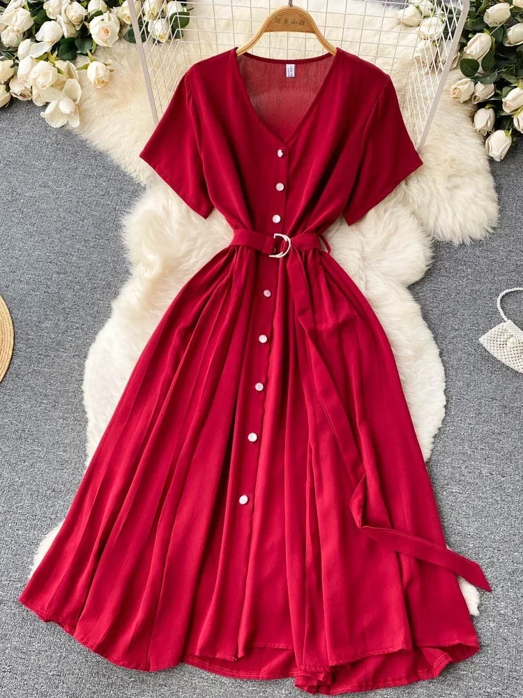 (4p. pack) Red Geometric V-Neck Printed Midi Dress - T-80 main image 1