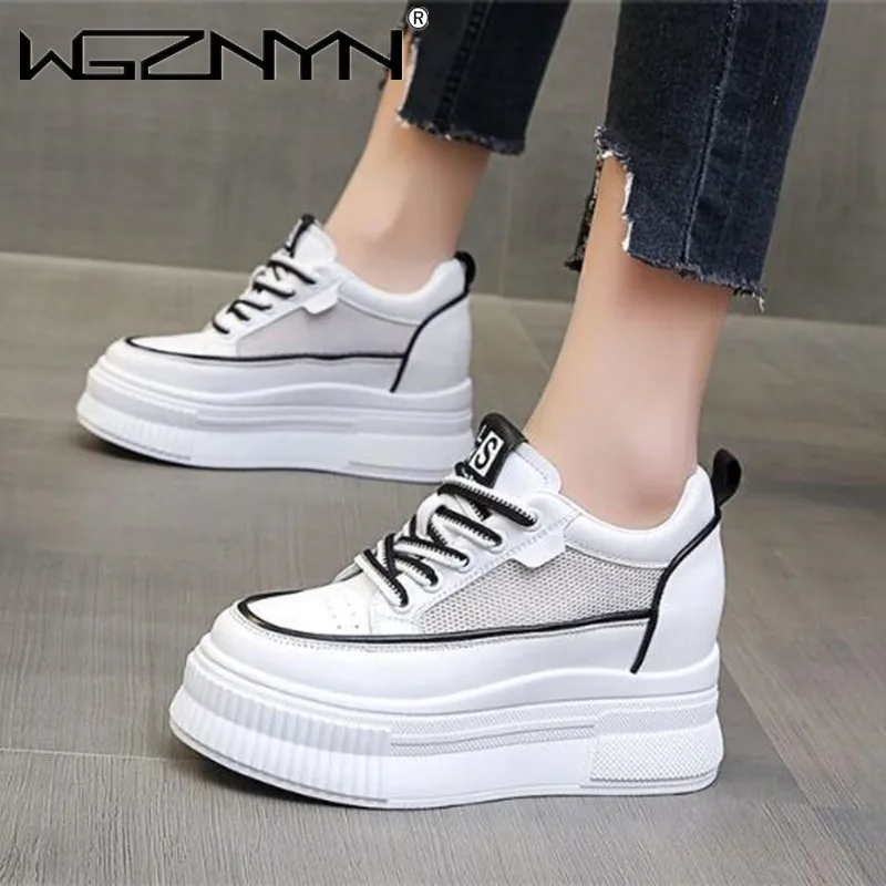 

Женские кроссовки из микрофибры на танкетке, модная сетчатая обувь на платформе, цвет белый