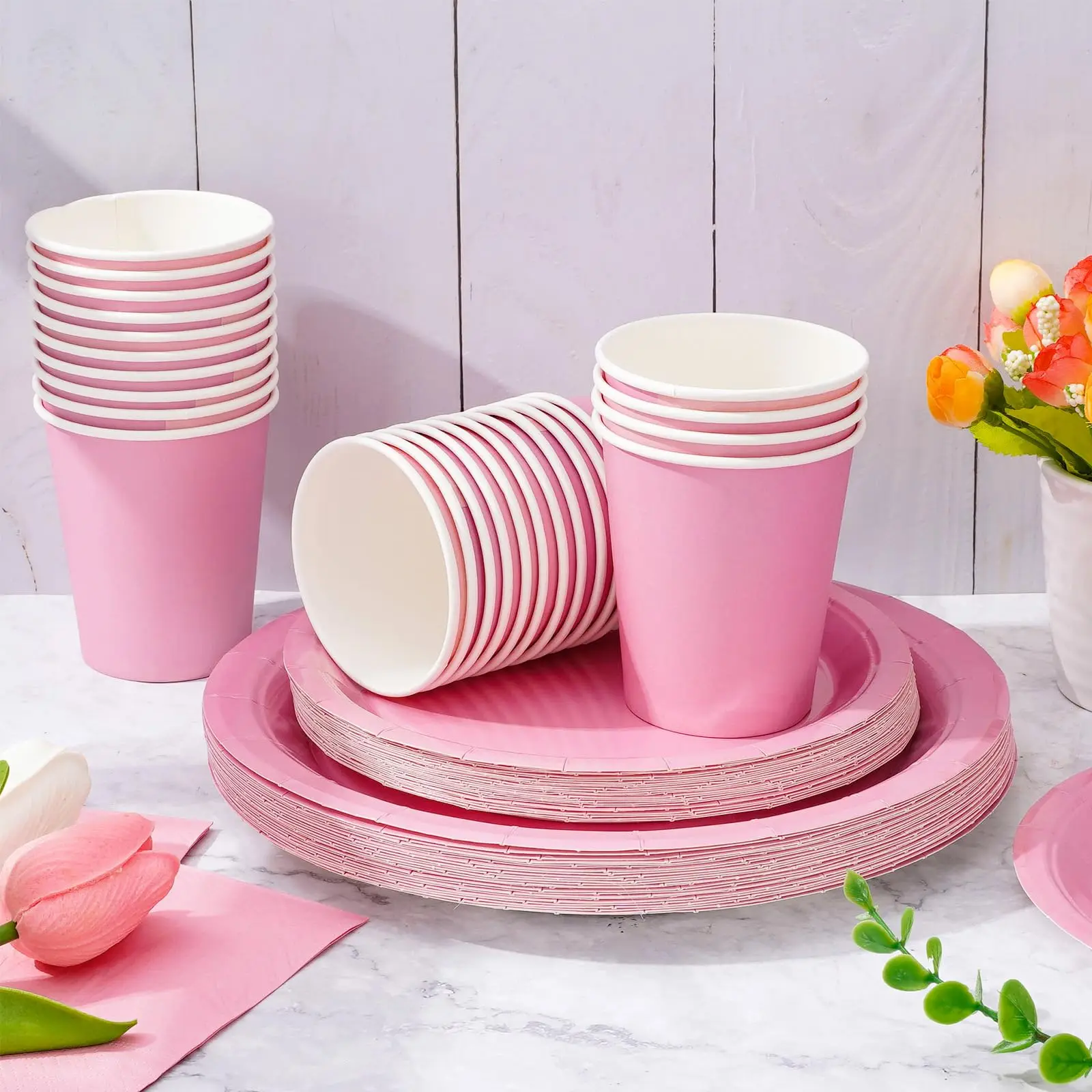 Solid Color Party Set Light Pink Tableware Paper Cup Paper Plate