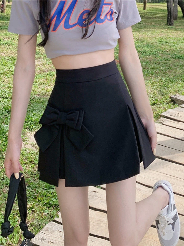 Zoki Cute Bow Women Sexy Pleated Skirt Janpan Sweet High Waist Student A Line Mini Skirt Summer Zipper Female Solid Color Skirt 3