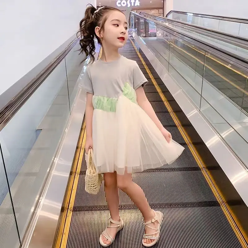 

4-12Years New Summer Girls Short Sleeve Dress Kids Mesh Dresses Clothes Girl Princess Dress Children Clothing