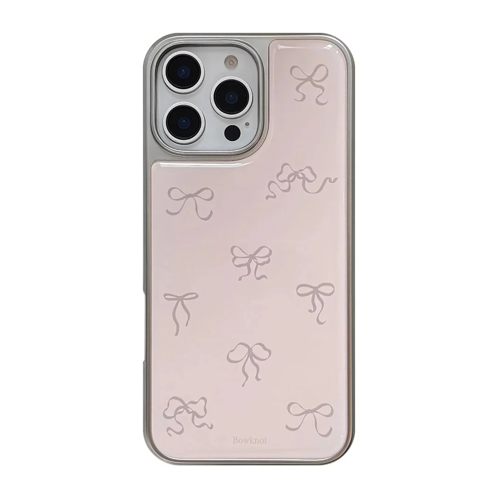 Full Screen Pink Grey Bowknot Electroplated Resin Phone Case Back Cover