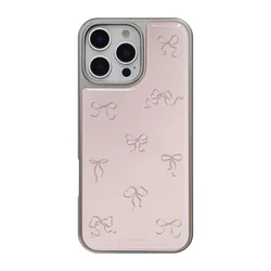 Full Screen Pink Grey Bowknot Electroplated Resin Phone Case Back Cover - iPhone 15 Plus (1)