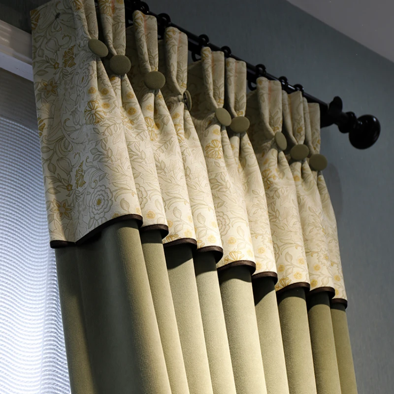 

Customized New Pastoral style Green Splicing Chenille Blackout Curtains for Living Dining room Bedroom White Tulle