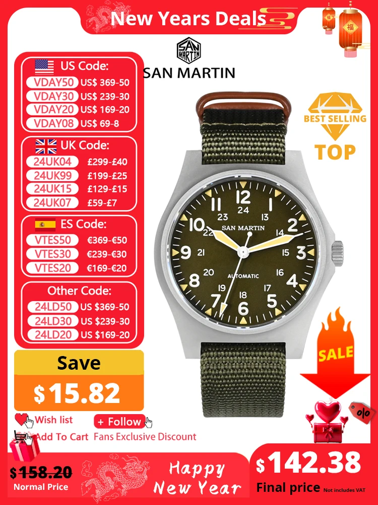San Martin Pilot Watch 38Mm Nh35 Retro Militare Automatico Meccanico Orologio Da Polso Bead Blasted Case Impermeabile 100M Lum Sn0137G