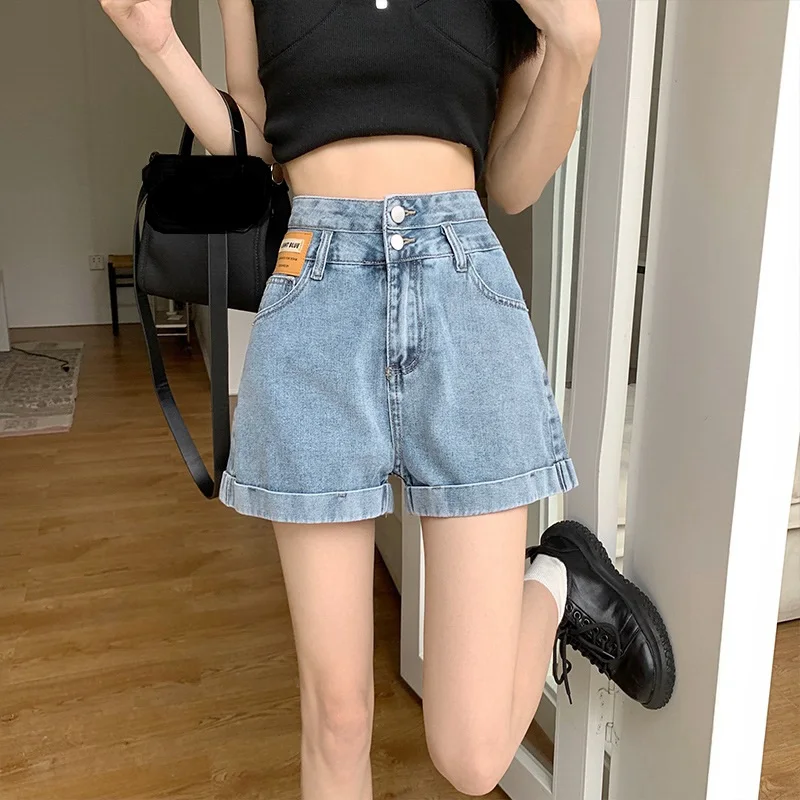2023 New Spring/Summer Personalized High Waist Curled Denim Shorts Women's Loose and Slim Wide Leg A-line Hot Pants
