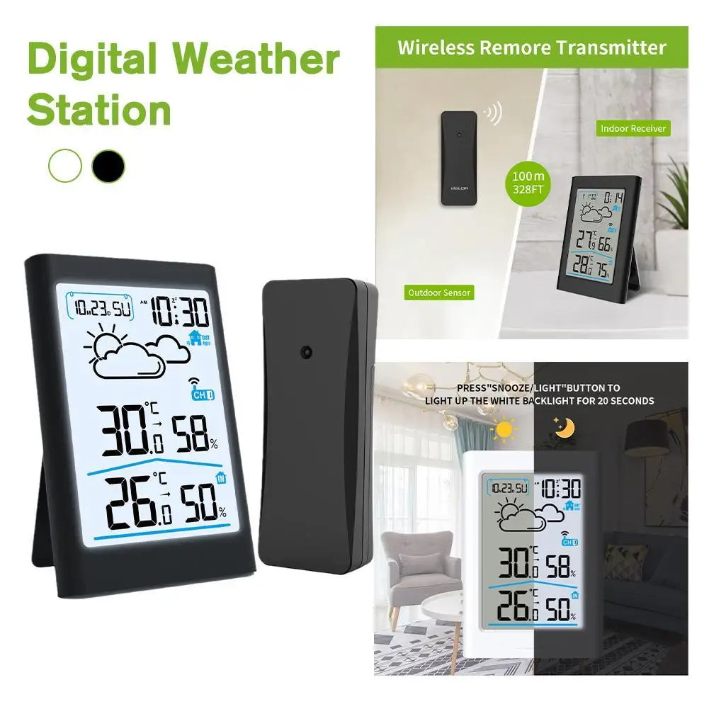 

Digital Weather Station Indoor Outdoor Hygrometer Thermometer Wireless Weather Forecast Sensor Alarm Clock Date Backlight