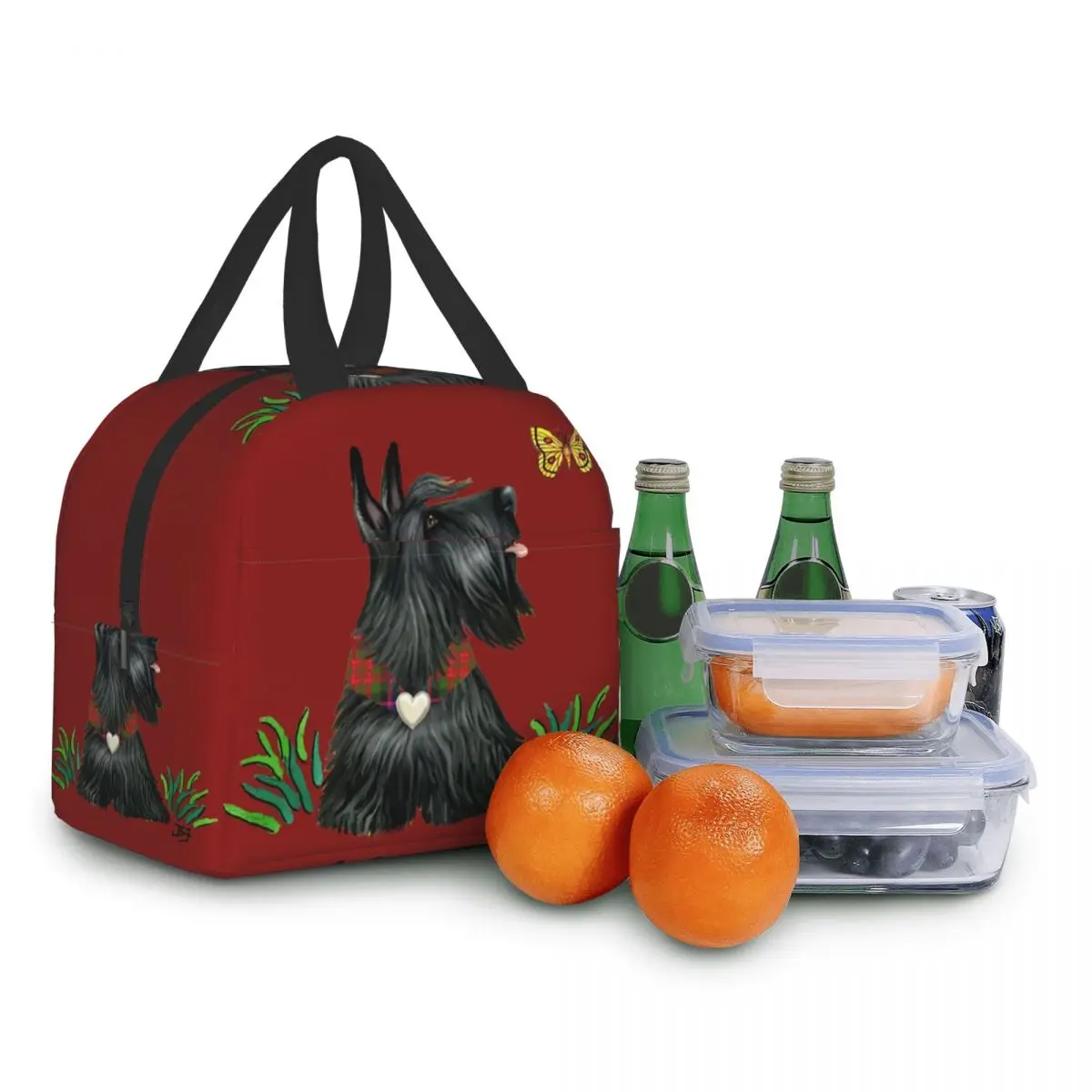 Scottish Terrier Watching A Butterfly Thermal Insulated Lunch Bag Women Scottie Dog Resuable Lunch Tote Multifunction Food Box