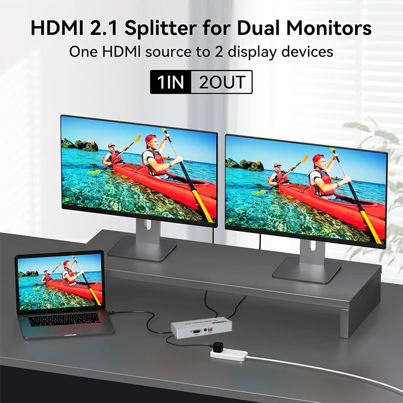 8K HDMI Splitter 1 in 2 Out - Verteiler für Dual Monitor Mirror und Kopie, Unterstützt 8K@60Hz