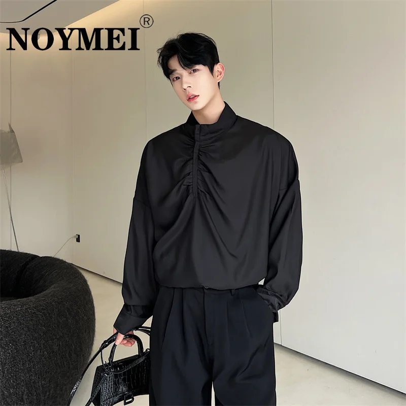 

NOYMEI Standing Collar Pleated Solid Color Men's Long Sleeved Shirt Korean Style 2024 Spring Black Fashion Casual Top WA3063