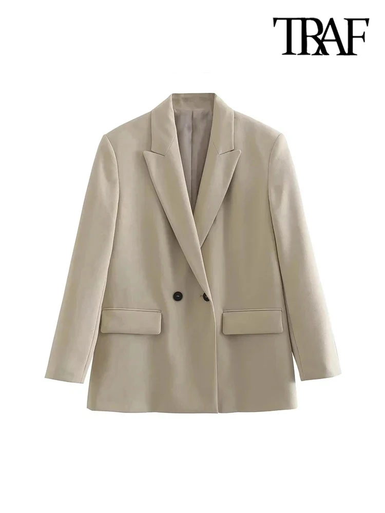 TRAF Women Fashion Double Breasted Loose Fitting Blazer Coat Vintage Long Sleeve Pockets Female Outerwear Chic Veste Femme 5