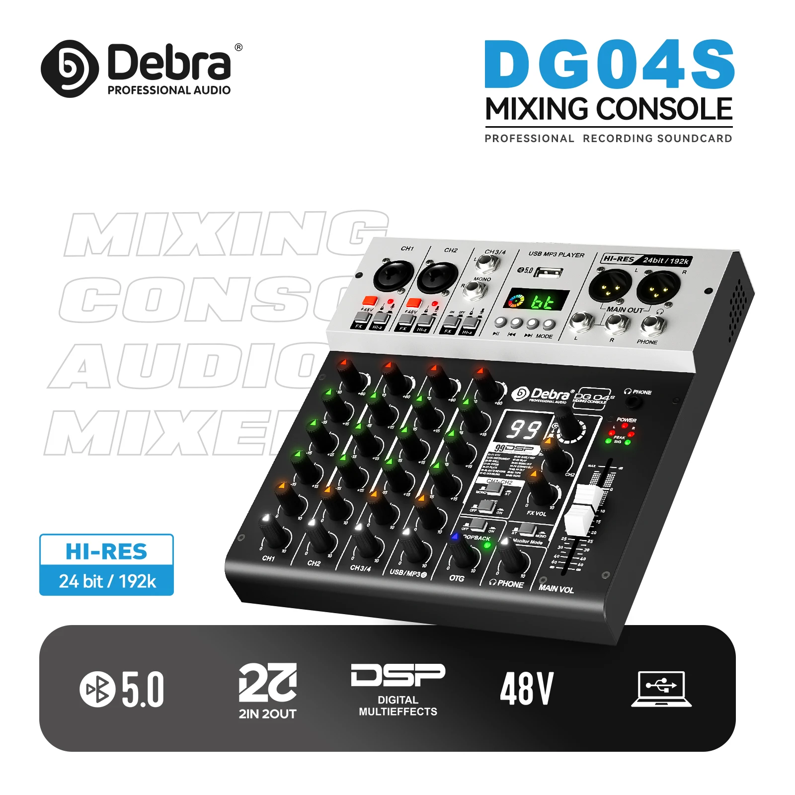 Debra DG04S Professional 4-channel Mixer Sound Card OTG Recording Output USB,Blu