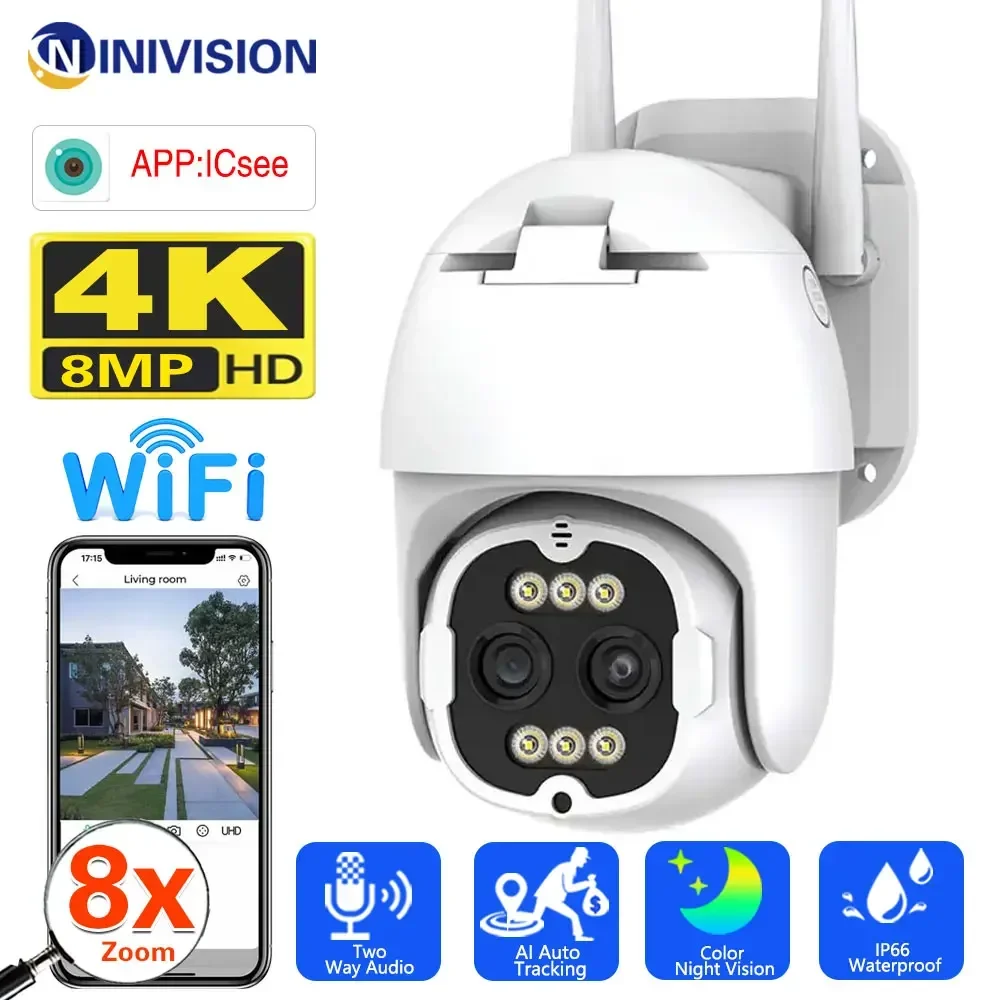 

4K 8MP Binocular Security Camera Outdoor WiFi PTZ Dual Lens 4MP HD Surveillance CCTV IP Camera AI Tracking P2P IP66 ICsee Alexa