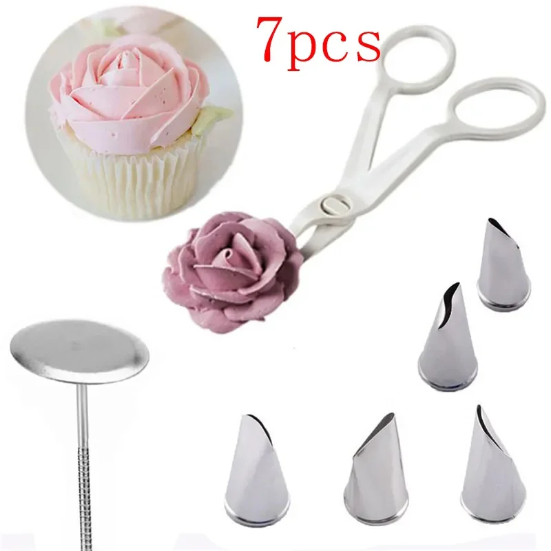 7Pcs/set Flower Scissor + Cake Tray + 5pcs Tulips Rose Nozzle Nail Decor Lifter Kitchen Fondant Cream Transfer Baking Pastry