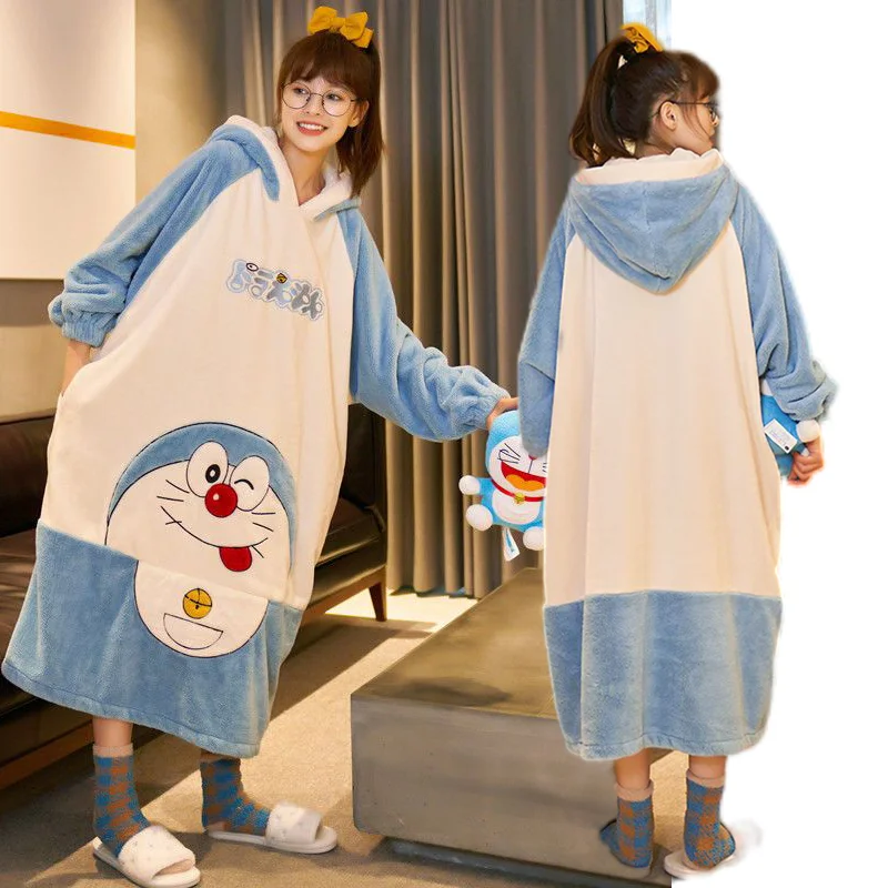 

Doraemon Pajamas Coral Velvet Thickened Large Size Nightgown for Women Spring Autumn Winter Long-Sleeved Home Clothes Winter