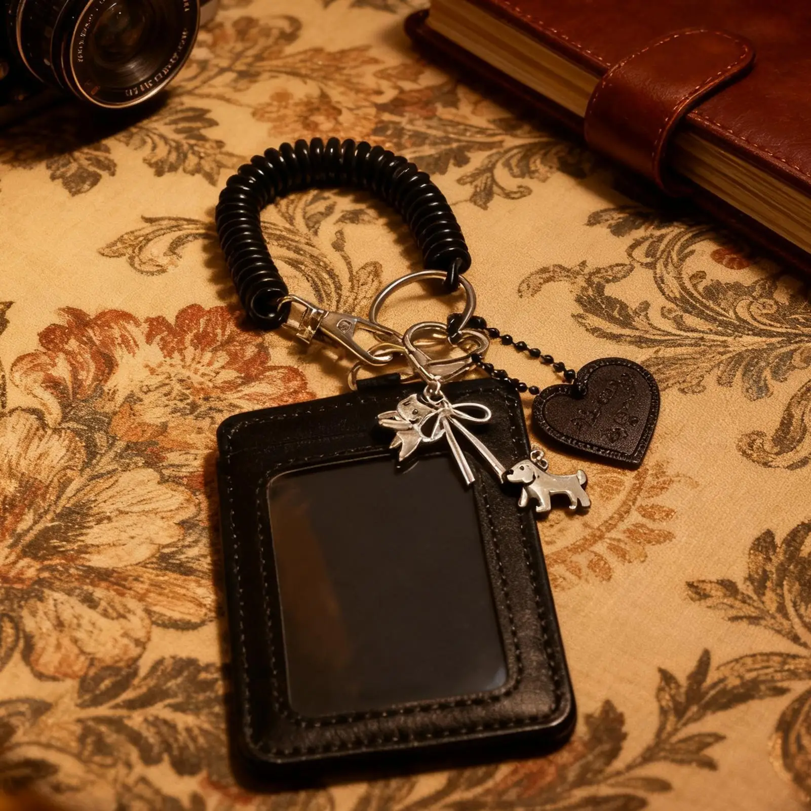 Photo Card Holder PU Leather Identification Badges Case Protective Case With Love Heart Charm Spiral Wrist Coil For Women Men