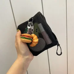 Compact Nylon Mesh Wallet & Makeup Organizer with Double Zipper (Black - No pendant)
