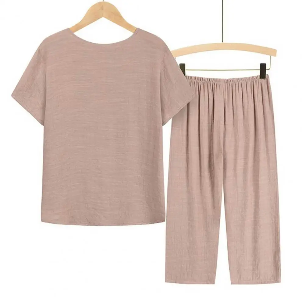 

2 Pcs/Set Chic Mom Night Clothes Round Neck Deep Crotch Mother Pajamas Set Plus Size Mom Nighty Set
