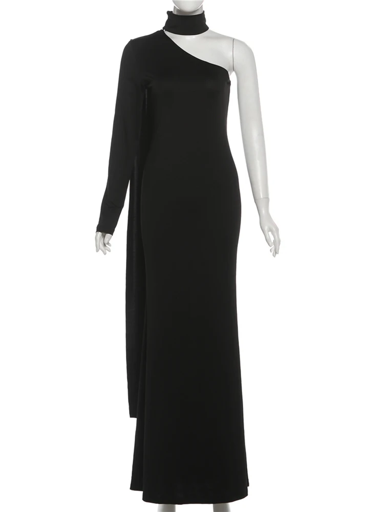 Nibber Asymmetrical Collar Maxi Dress Women Turtleneck Tassel One-Sided Sleeve Solid Party Elegant Banquet Vacation Vestidos