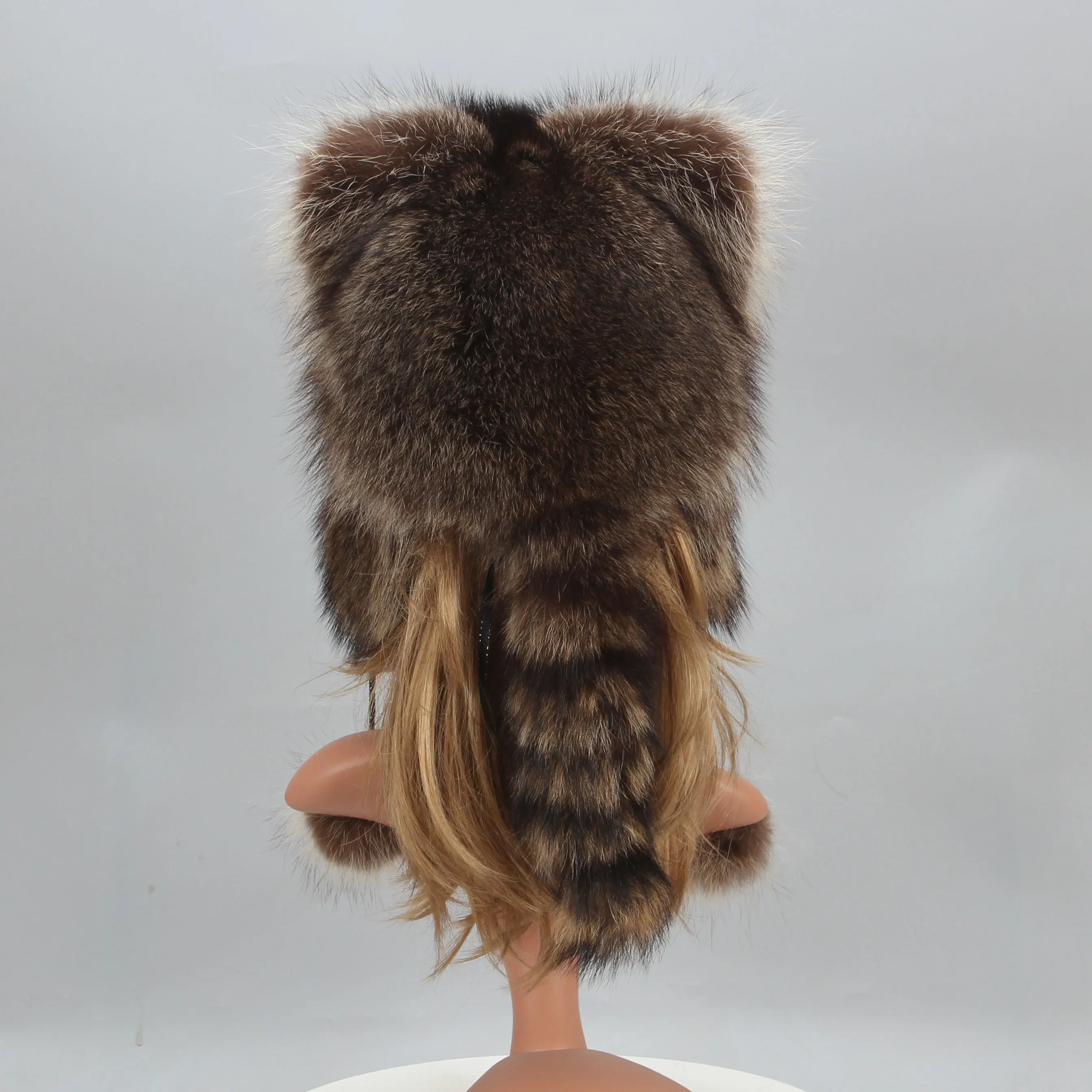 Fur Hat Winter Raccoon Fur Bomber Hat Cat Ears Balls Trapper Hat Women Girls Outdoor Snow Earflap