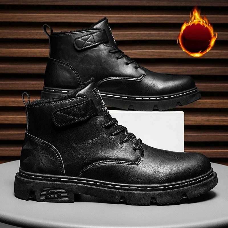 

2022 Winter Mmens Boots Artin Boots Mid-top Warm Cowboy Boots Round Toe Trend Cotton Men's Boots Thickened Retro Leather Shoes