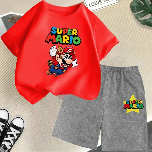 thumbnail image 1 of Conjunto de 2 piezas de camiseta y pantalones cortos de Mario de manga corta de verano para niños y niñas de 3 a 12 años, conjunto deportivo informal para niños, 1 of 5