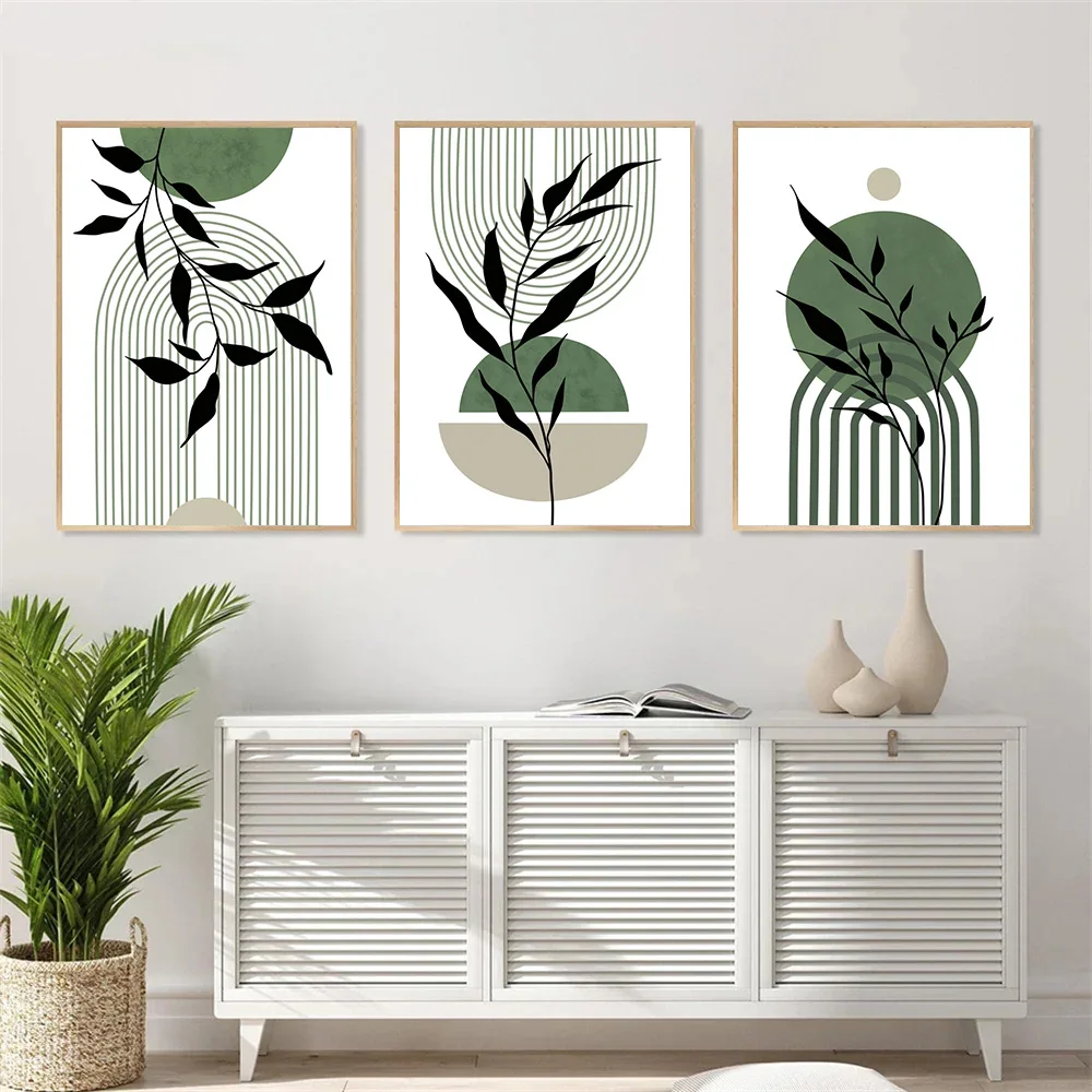 

Abstract Geometric Boho Green Lines Leaf Posters Wall Art Canvas Painting Minimalist Print Pictures Nordic Poster Bedroom Decor