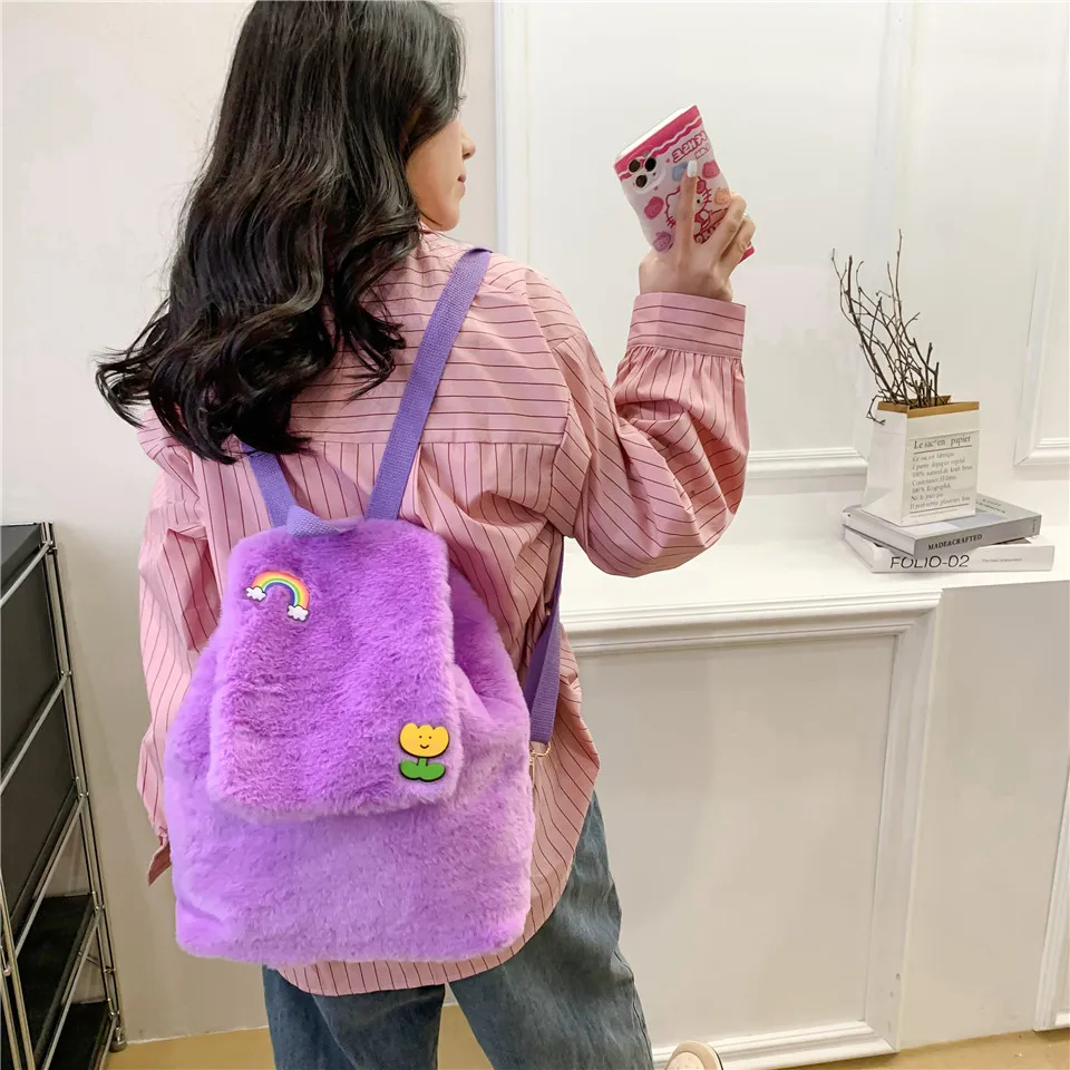 Y2K Plush Backpacks For Women Winter Shoulders Bag Fluffy Knapsack Travel Packbag Furry Rucksack Korean Mochila Faux Fur Bookbag