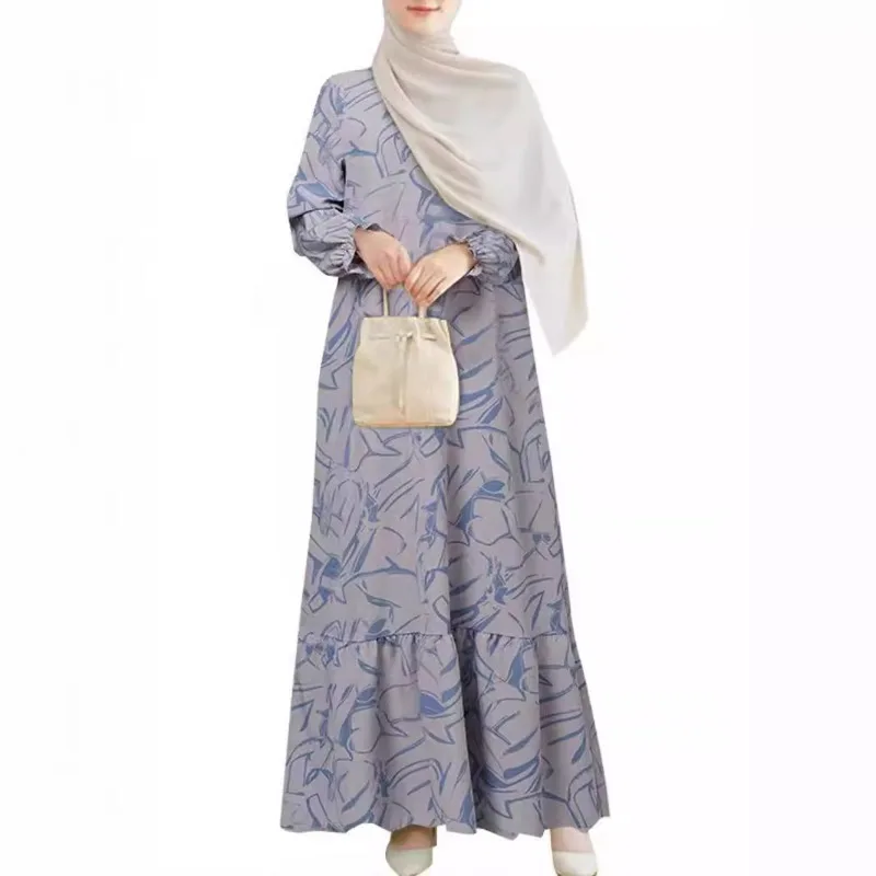 2024 Muslim Women Dress Middle East Fashion Robe Long Sleeve Geometric Print Flounce Abaya 3