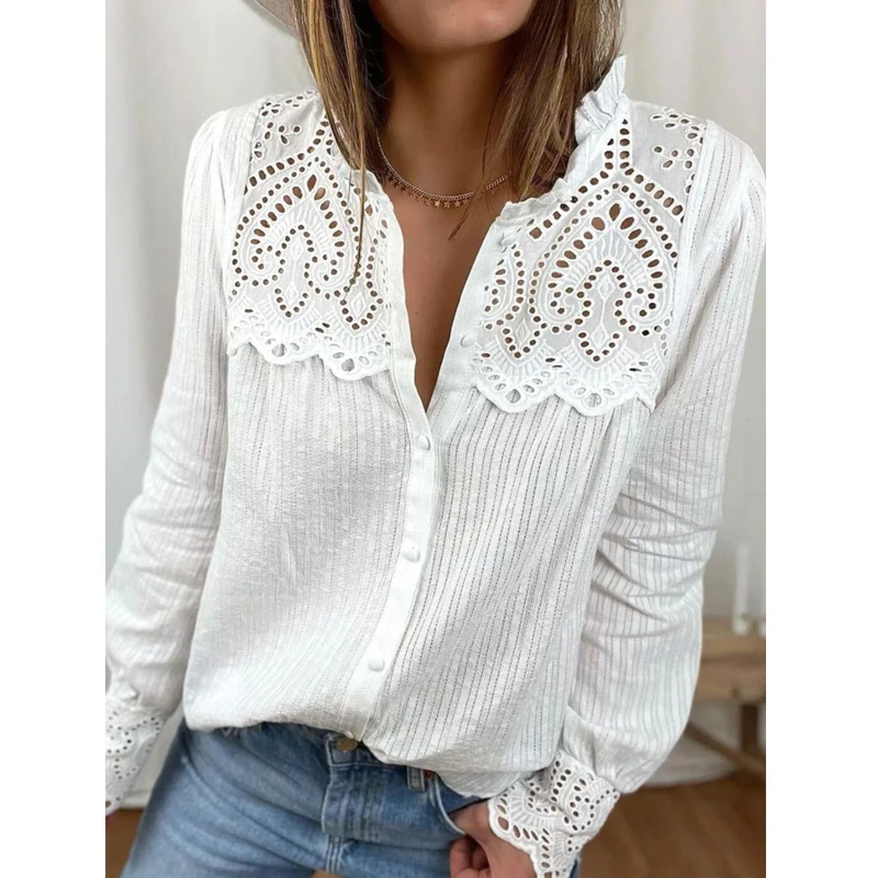

2023 Long Sleeve White Lace Shirt Women Casual Ruffled Fashion Stand Collar Hollow Blouse Button Tops Elegant Blusas Mujer 29363