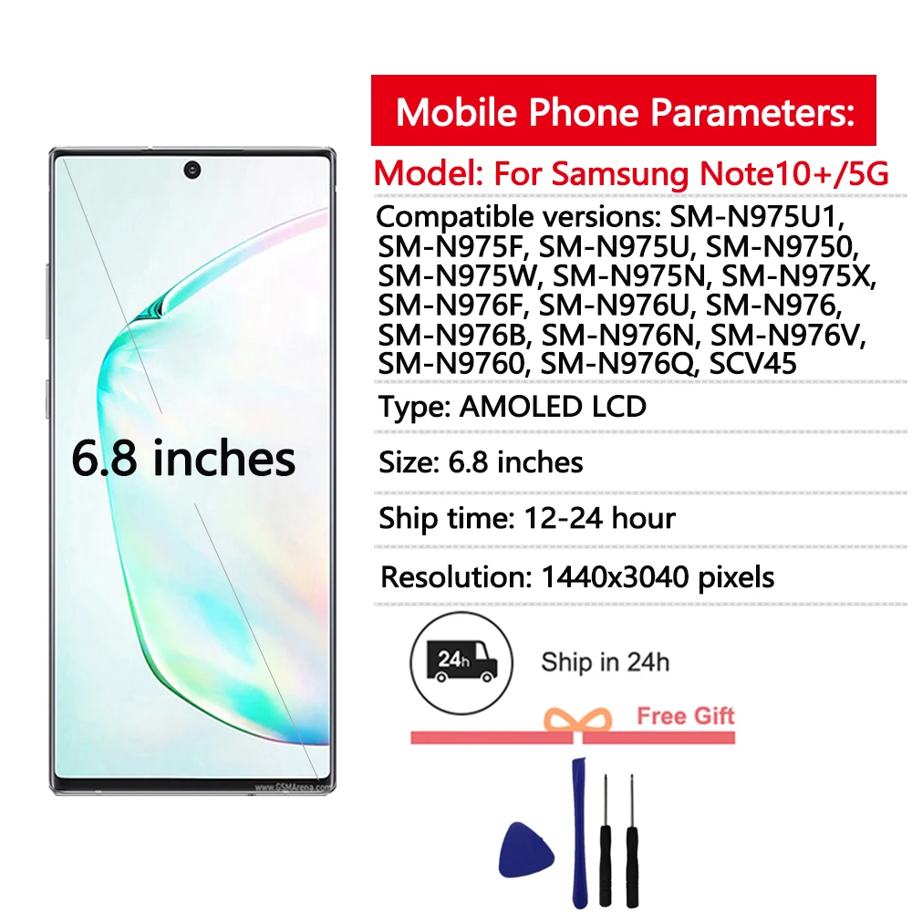 OLED Display Screen LCD Display Screen Super AMOLED Display For Samsung Note 10 Plus 4G 5G Display Touch Screen Note10+ N975F N976F LCD Support S Pen Fingerprint Work