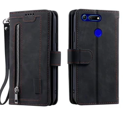 9-Card Zipper Wallet Case with Wrist Strap for Honor View 20 (Black)