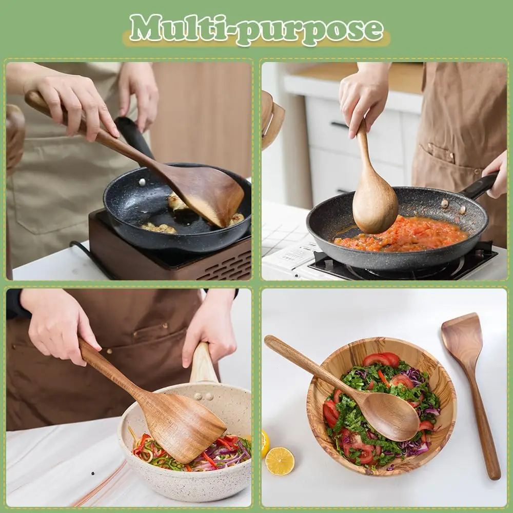 2-Piece Wooden Cooking Spoon Set, Acacia Wood Utensils for Frying, Mixing & Non-Stick Cookware 6