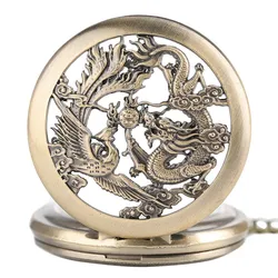 Vintage - Inspired Double Dragon DND Dice Jewelry Pocket Watch Case with 7 Metal Dice Set (Dragon and Phoenix)