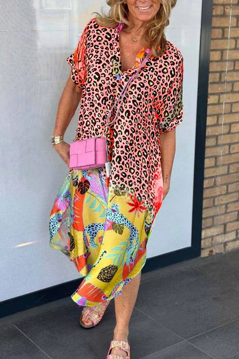 Leopard Print Patchwork Dresses Women V-neck Short Sleeves Pocket Loose Slit Midi Dress Fashion Casual Lady Vestidos Summer New