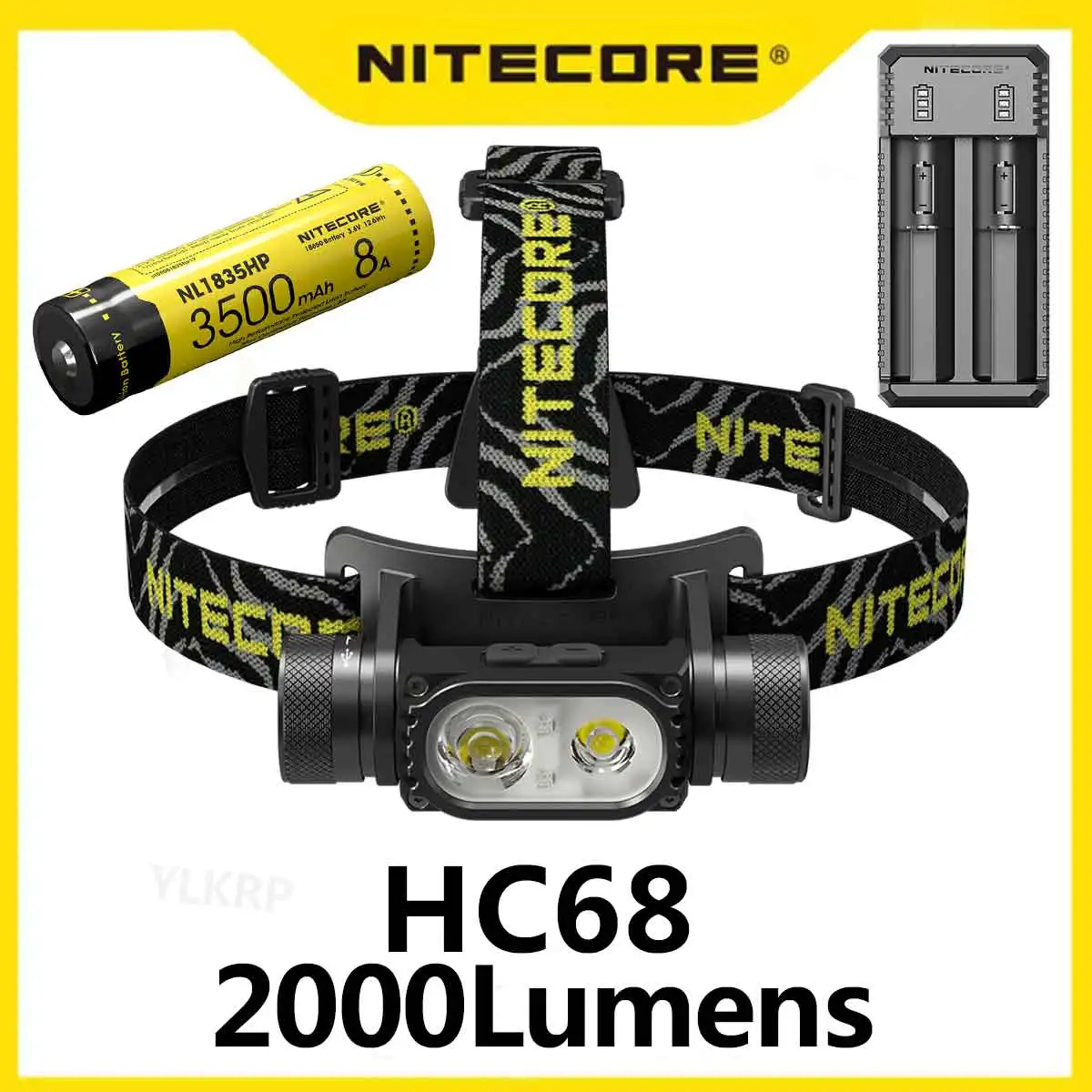 Nitecore hc68 2000ルーメン電子フォーカスパンデュアルライトソースヘッドランプ、パッケージには1つのバッテリーが含まれています  AliExpress