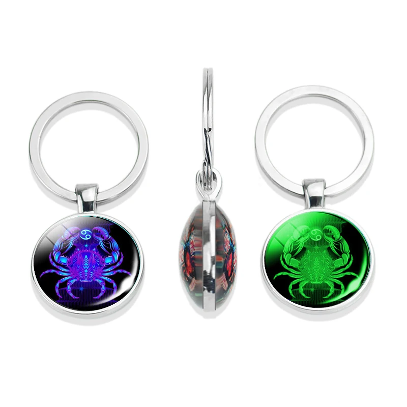 Key Rings Key Chains 12 Constellation Keychain 12 Zodiac Signs Luminous Double Face Glass Dome Pendant for Women Men Birthday Gift