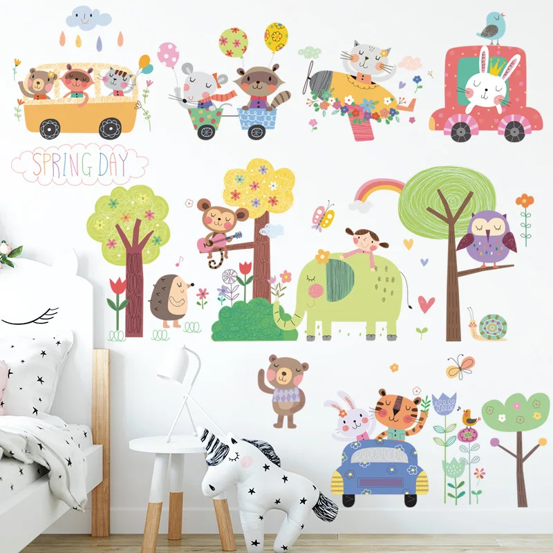 

Wall Sticker Planar Waterproof Decoration Cartoon Cute Animals Forest Fairy Tale Elephant Bear Rabbit Baby Room Spring Forest