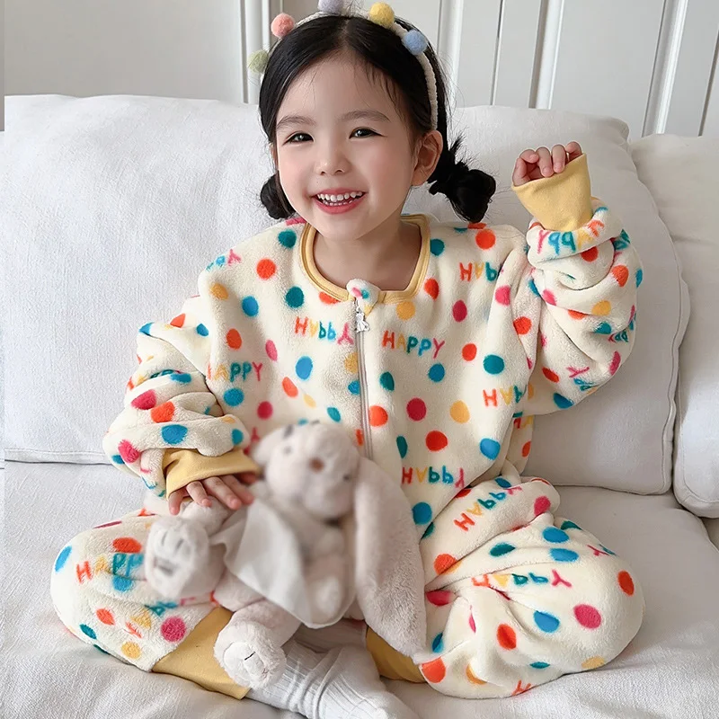 Winter Kids Onesie Pajamas Bear Panda Pattern Children Boys Girl Jumpsuit Anti Kick Split Legs Loungewear Home Thermal Sleepwear