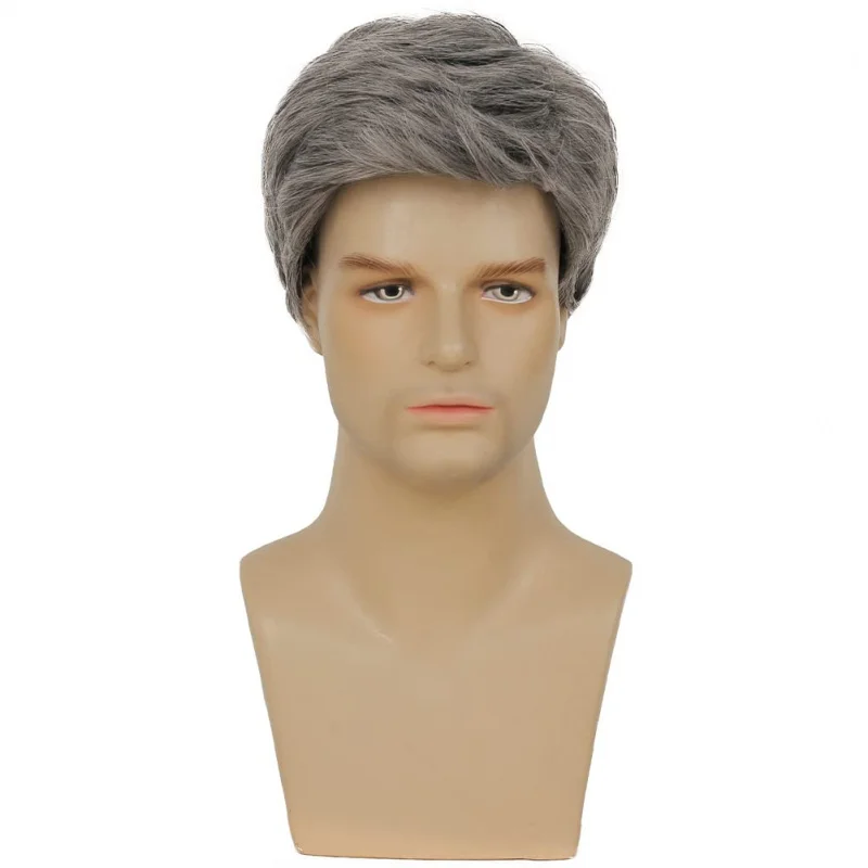 Parrucca Corta Grigia da Uomo, Sintetica, per Costume di Halloween, Morbida, a Strati, Effetto Naturale (Grigio) - immagine 2