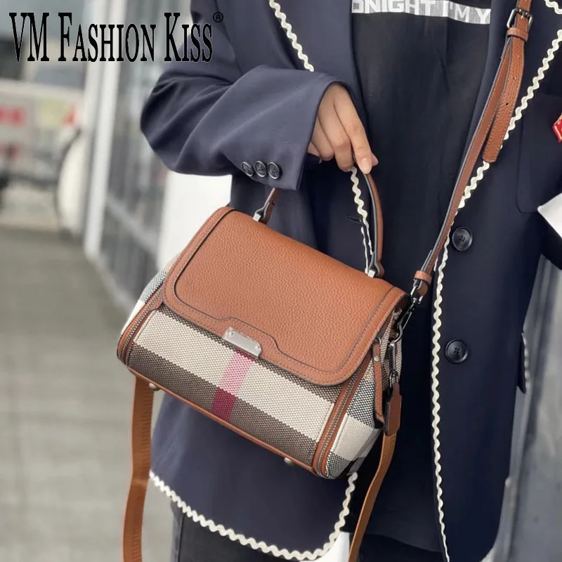 VM FASHION KISS Canvas + Cowhide Boston Women's Crossbody Hand Bag Woman Striped Pattern Side Bags Small For Ladies Shoulder Bag