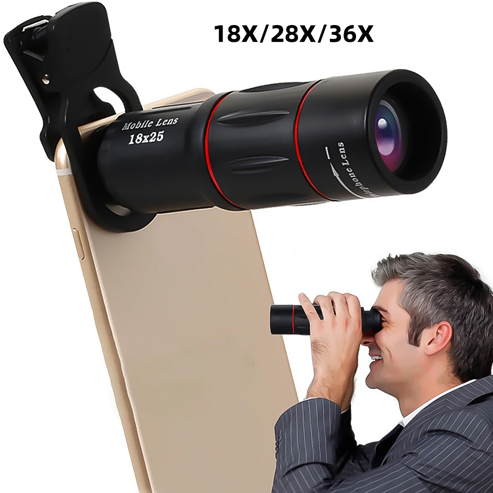 Obiettivo della fotocamera del telefono cellulare 18/28/36X Zoom clip-on Telescopio monoculare Telecamera del telefono Teleobiettivo per campeggio Caccia Sport - immagine 3