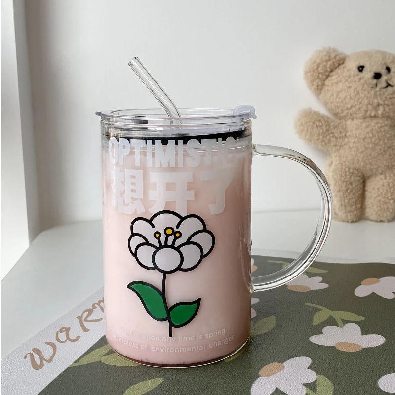 Kawaii Animal Glass Cup With Lid Straw Cute Flower Coffee Mug Milk Wine Hot  Drinks Korean Water Juice Cup Drinkware Gift 600ml - Glass - AliExpress