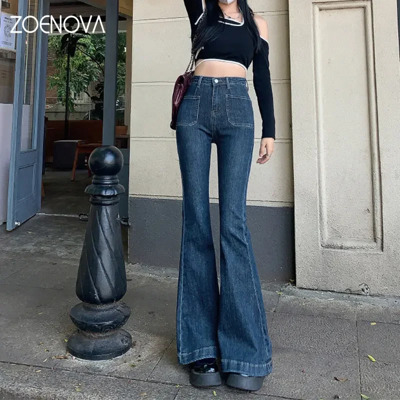 

ZOENOVA Y2K 2023 Vintage Blue High Waist Women Full Length Jeans Wide Leg Flare Trouser Famale Strecth Denim Streetwear Clothing