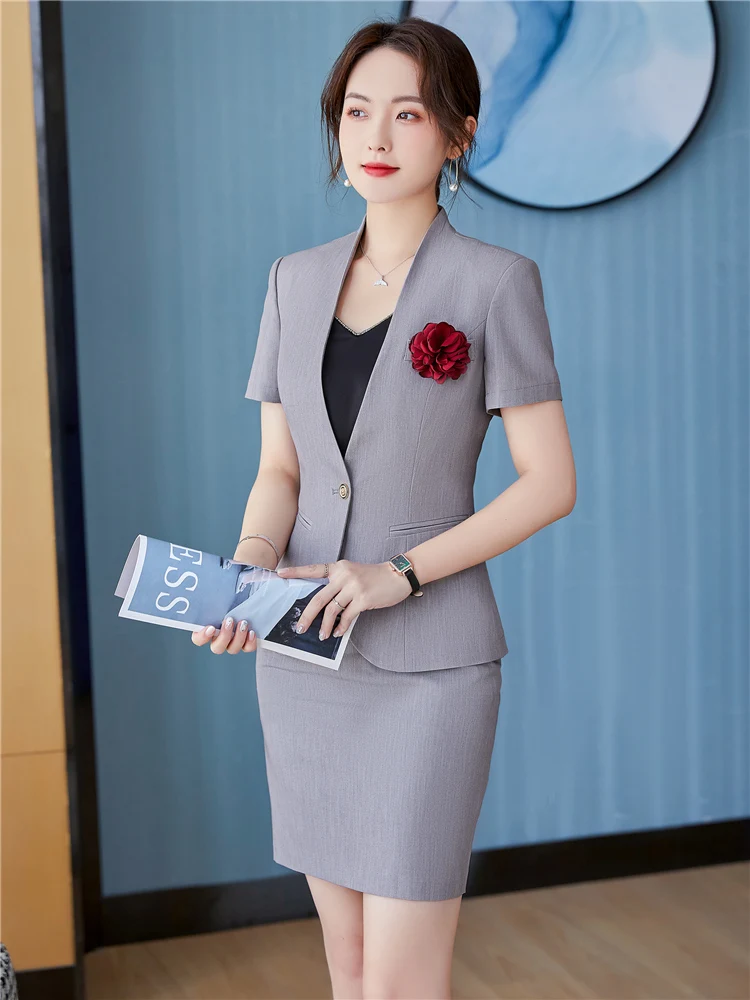 Women Elegant 2 Piece Blazers Sets Suits Formal Uniform Styles With Tops & Skirt Ladies Office Work Wear Professional Skirt Suit